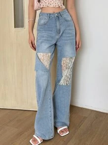 DAZY Jeans de talle alto con encaje en contraste de pierna ancha - Lavado ligero - Ver 4