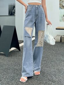 DAZY Jeans de talle alto con encaje en contraste de pierna ancha - Lavado ligero - Ver 5