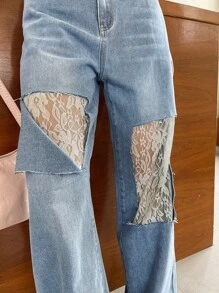 DAZY Jeans de talle alto con encaje en contraste de pierna ancha - Lavado ligero - Ver 7