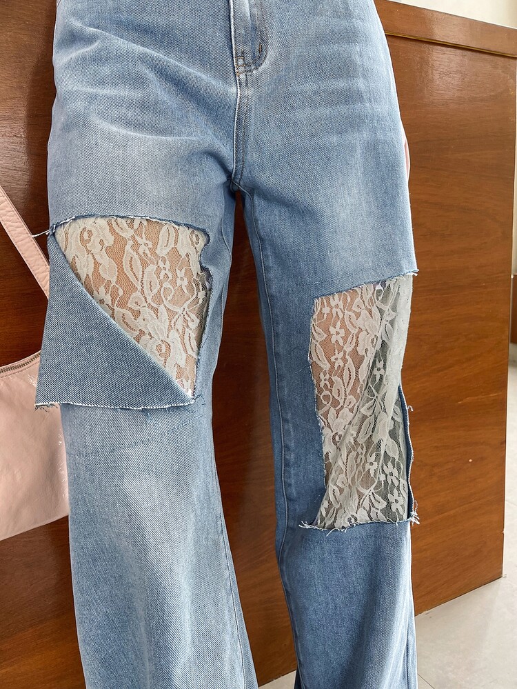 DAZY High Waist Contrast Lace Wide Leg Jeans - Light Wash - View 7