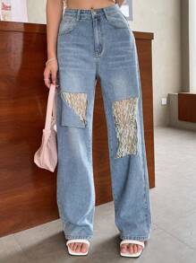 DAZY Jeans de talle alto con encaje en contraste de pierna ancha - Lavado ligero - Ver 8