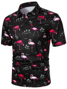 Manfinity Homme Men Flamingo & Palm Tree Print Polo Shirt - Black - View 1