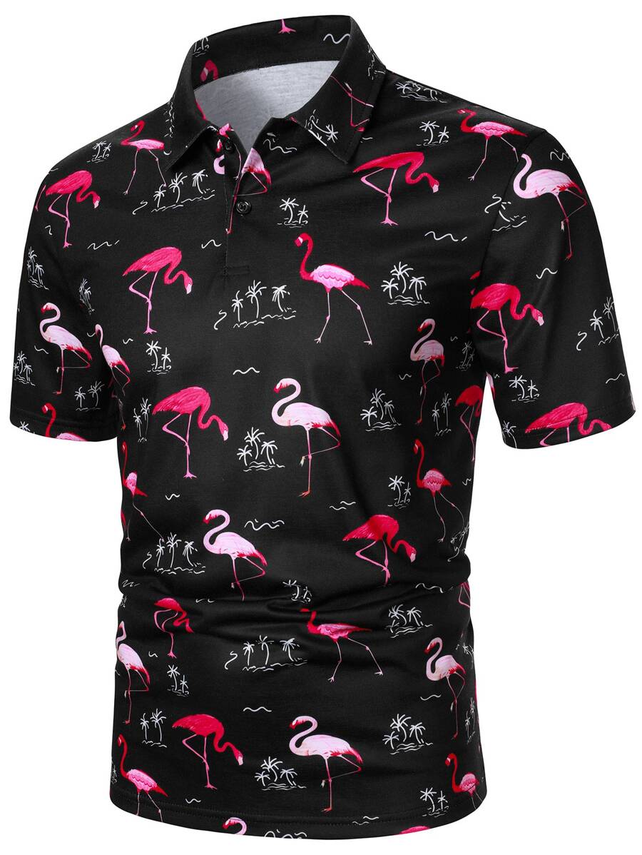 Manfinity Homme Men Flamingo & Palm Tree Print Polo Shirt - Black - View 1