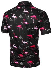 Manfinity Homme Men Flamingo & Palm Tree Print Polo Shirt - Black - View 2