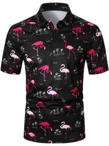 Manfinity Homme Men Flamingo & Palm Tree Print Polo Shirt - Black - View 3