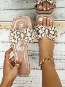 LAUREN WEAL 魅力四射夏日派對平底拖鞋適用於女士水鑽裝飾PVC露趾涼拖 - 藕粉色 - 查看 1