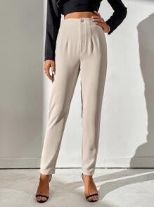 SHEIN Tall High Waist Plicated Detail Pants - Beige - View 3