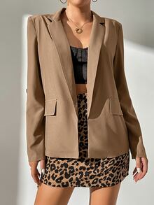 SHEIN Tall 捲邊袖開門襟西裝外套 - 駝色 - 查看 3