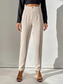 SHEIN Tall High Waist Plicated Detail Pants - Beige - View 6