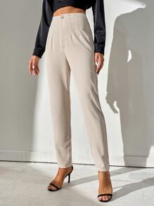 SHEIN Tall High Waist Plicated Detail Pants - Beige - View 7