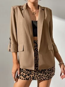 SHEIN Tall 捲邊袖開門襟西裝外套 - 駝色 - 查看 6
