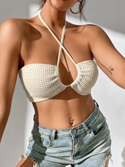 SHEIN PETITE Crisscross Tie Back Crop Halter Summer Top