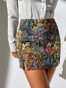 SHEIN PETITE Allover Print Split Hem Skirt - Multicolor - View 5