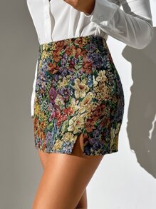 SHEIN PETITE Allover Print Split Hem Skirt - Multicolor - View 6