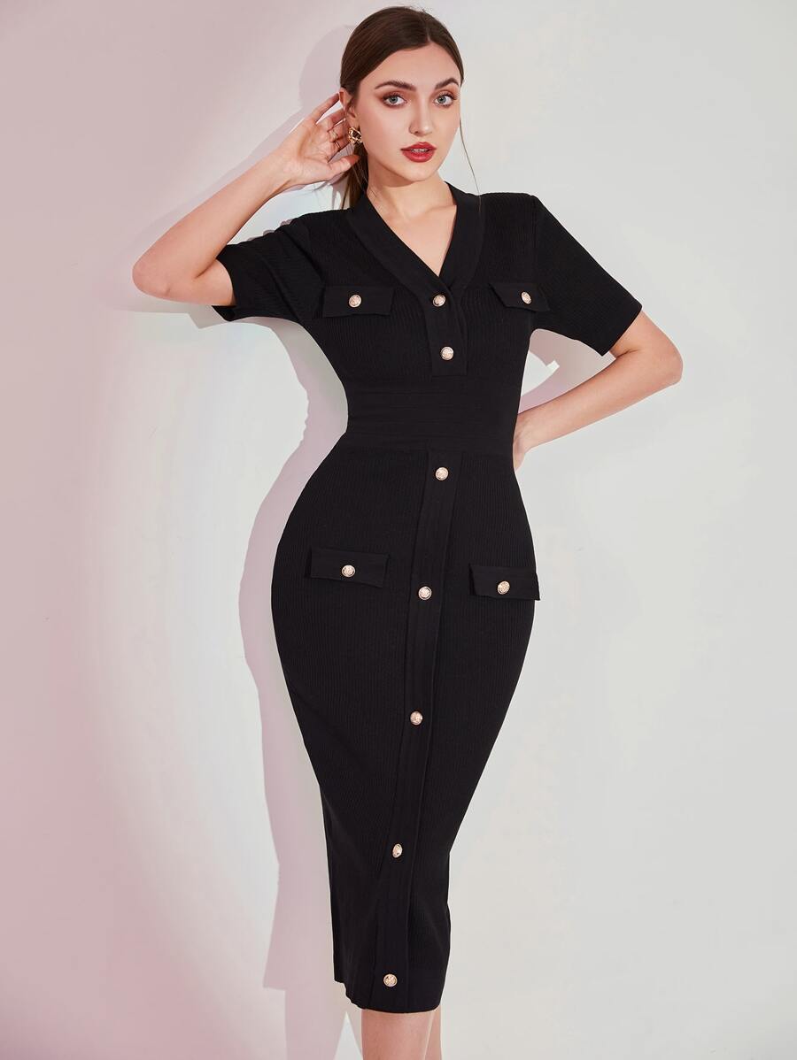 Modelyn Button Detail Bodycon Jumper Dress - Black - View 1