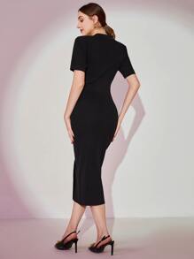 Modelyn Button Detail Bodycon Jumper Dress - Black - View 2