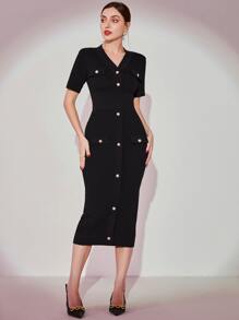 Modelyn Button Detail Bodycon Jumper Dress - Black - View 3