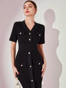 Modelyn Button Detail Bodycon Jumper Dress - Black - View 4