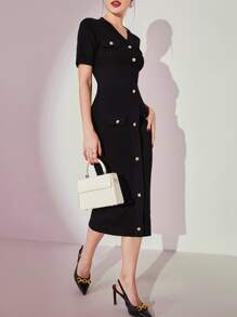 Modelyn Button Detail Bodycon Jumper Dress - Black - View 6