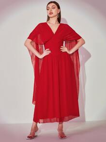 Modelyn 拼接網紗袖A字連衣裙 - 紅色 - 查看 1