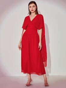 Modelyn 拼接網紗袖A字連衣裙 - 紅色 - 查看 3