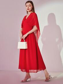 Modelyn 拼接網紗袖A字連衣裙 - 紅色 - 查看 4