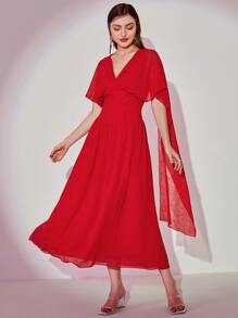 Modelyn 拼接網紗袖A字連衣裙 - 紅色 - 查看 5