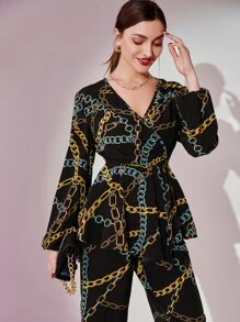 Modelyn Chain Print Lantern Sleeve Peplum Top & Pants - Multicolor - View 1