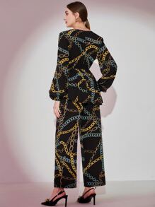 Modelyn Chain Print Lantern Sleeve Peplum Top & Pants - Multicolor - View 2