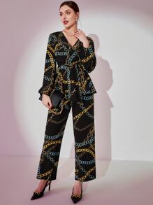 Modelyn Chain Print Lantern Sleeve Peplum Top & Pants - Multicolor - View 3