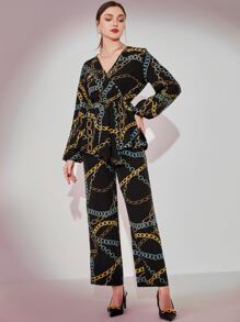 Modelyn Chain Print Lantern Sleeve Peplum Top & Pants - Multicolor - View 4