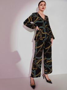 Modelyn Chain Print Lantern Sleeve Peplum Top & Pants - Multicolor - View 5