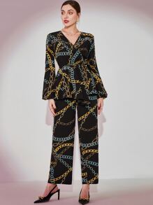 Modelyn Chain Print Lantern Sleeve Peplum Top & Pants - Multicolor - View 6