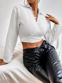 Solid Surplice Front Crop Blouse - White - View 1