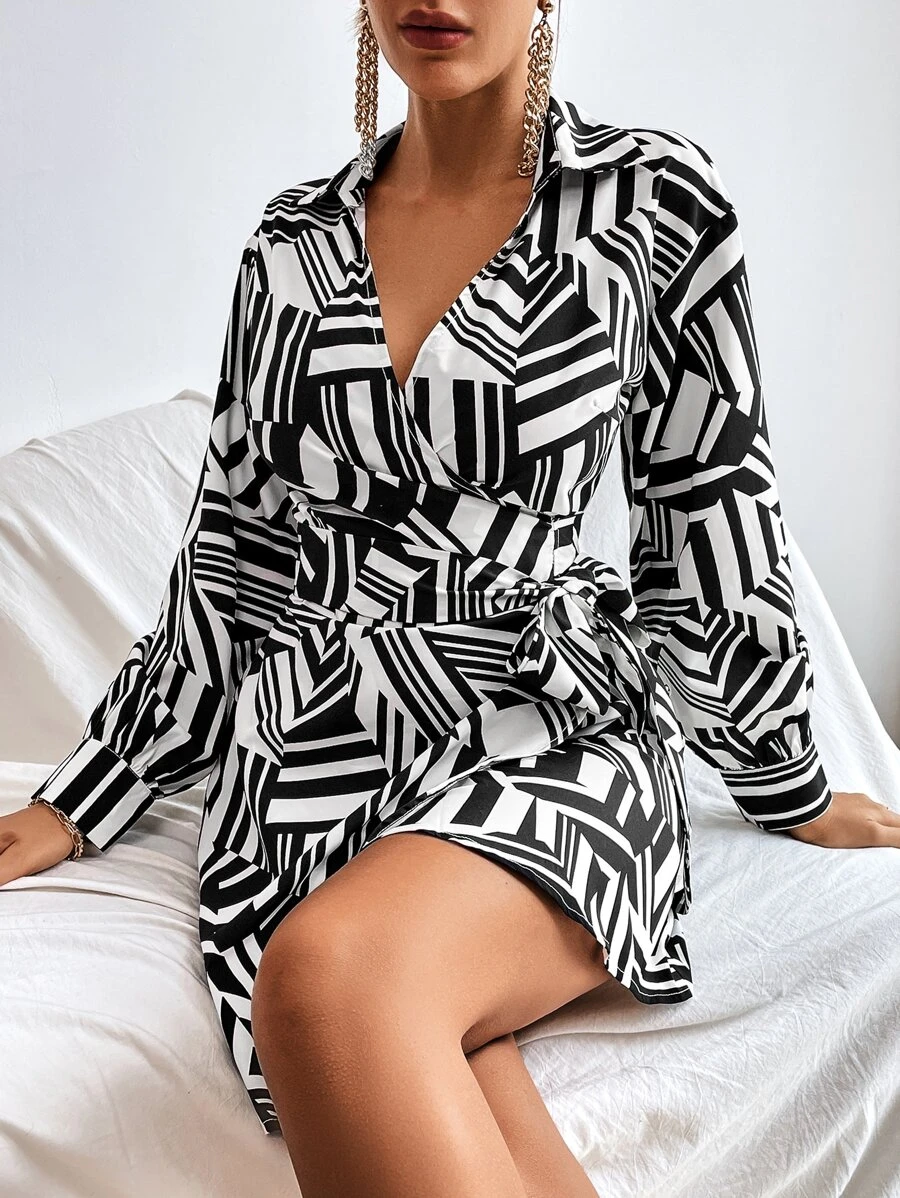 Allover Geo Print Knot Side Wrap Dress