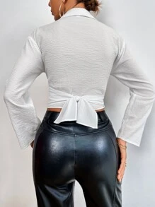 Solid Surplice Front Crop Blouse - White - View 2