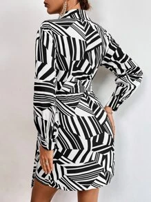 Allover Geo Print Knot Side Wrap Dress