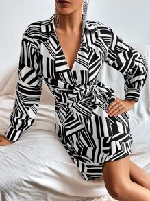 Allover Geo Print Knot Side Wrap Dress