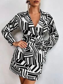 Allover Geo Print Knot Side Wrap Dress