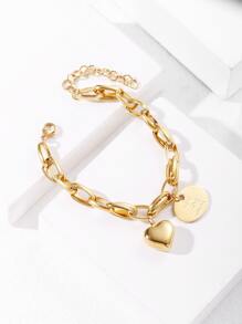 1pc Heart Charm Bracelet, Stainless Steel Jewelry - Yellow Gold - View 1