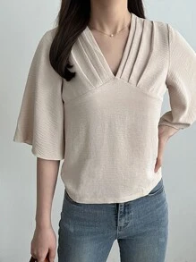 DAZY Solid Fold Pleated Blouse - Apricot - View 6