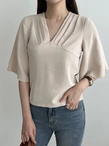 DAZY Solid Fold Pleated Blouse - Apricot - View 7