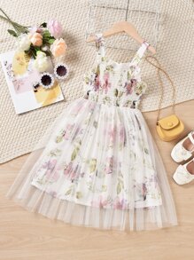 Girls Floral Print Shirred Ruffle Trim Mesh Overlay Cami Dress - Multicolor - View 1