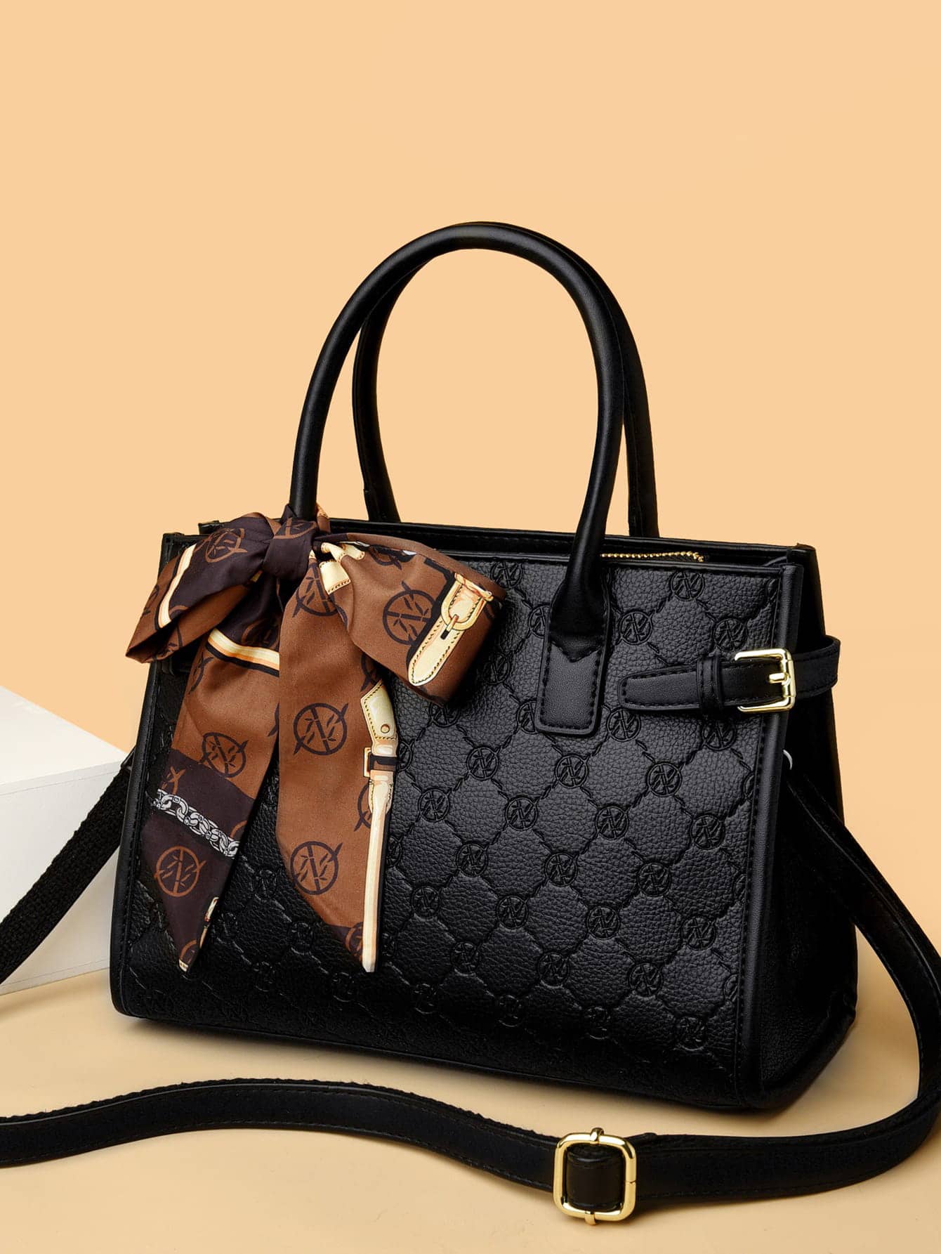 絲巾裝飾紋理質感方包 - 黑色 - 查看 1