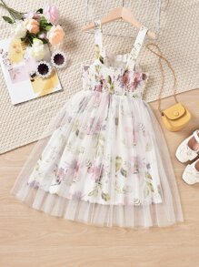 Girls Floral Print Shirred Ruffle Trim Mesh Overlay Cami Dress - Multicolor - View 2