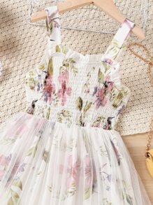 Girls Floral Print Shirred Ruffle Trim Mesh Overlay Cami Dress - Multicolor - View 3