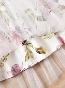 Girls Floral Print Shirred Ruffle Trim Mesh Overlay Cami Dress - Multicolor - View 4