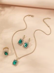 4入組水鑽矩形裝飾首飾套裝 - 綠色 - 查看 1