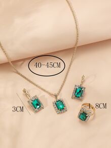 4入組水鑽矩形裝飾首飾套裝 - 綠色 - 查看 3