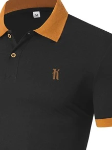 Manfinity 男士字母圖案拼接邊POLO衫 - 黑色 - 查看 3